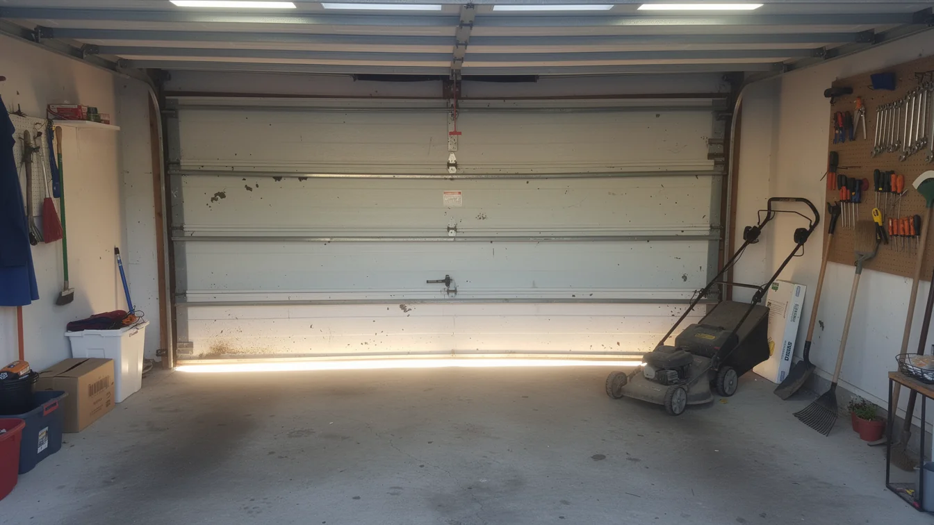 A closed garage door with a lawnmower and tools on the sides.