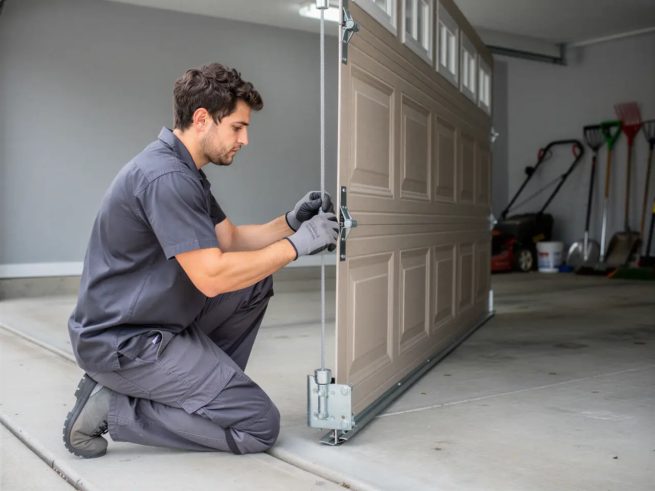 A technician is kneeling and working on a beige garage door cable and roller.