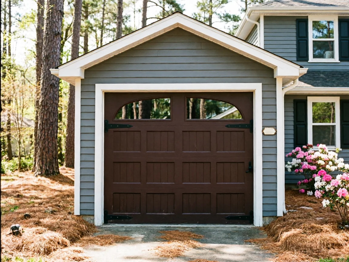 A brown garage door with windows is on a gray house with trees.