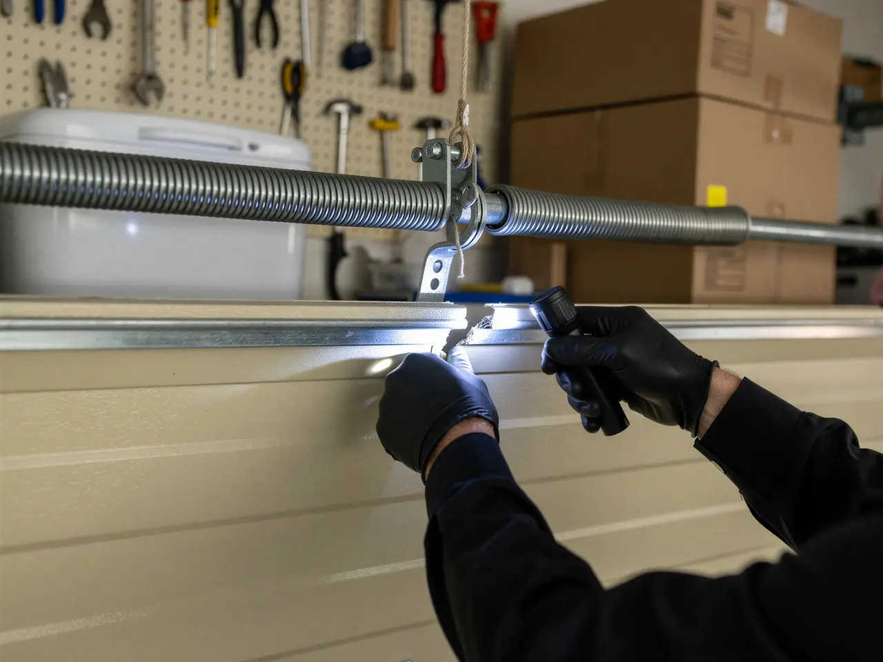 A technician in black gloves inspects a garage door with a flashlight.