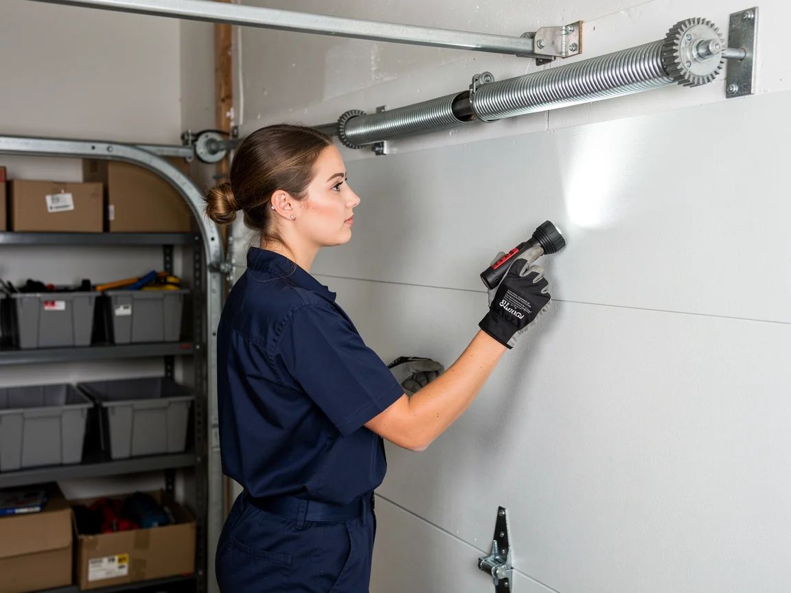 A technician shines a flashlight on a white garage door and torsion spring.