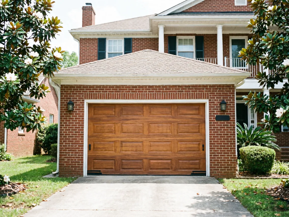 The garage door is a wooden panel door on a brick house.