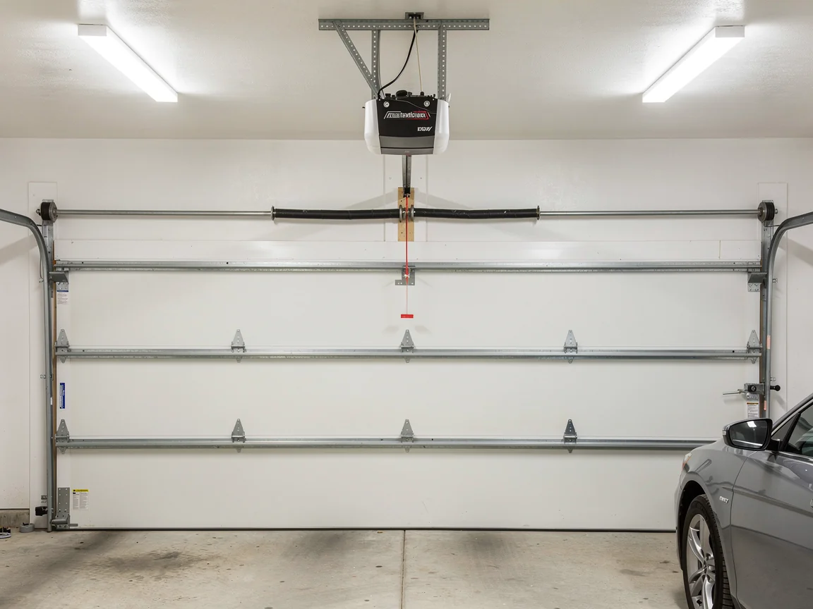 The white garage door is closed, with an opener and torsion spring visible.