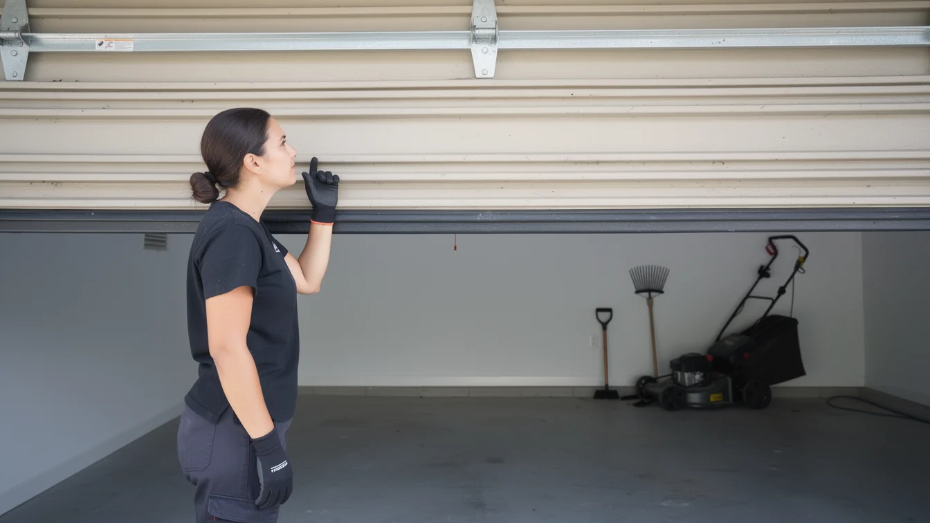 A technician in a black shirt and gloves inspects the bottom of a garage door.