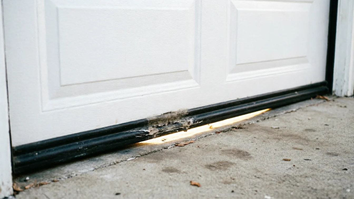 The bottom of a white garage door has a damaged weather seal and a gap.